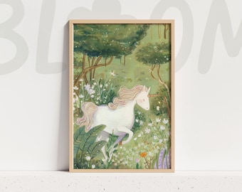 Whimsical Unicorn Art Print Fairytale Nursery Wall Decor Pastel Woodland Cottagecore Illustration