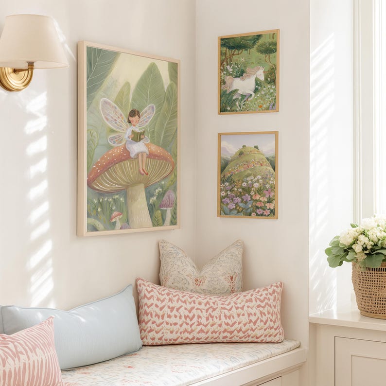 May include: Three framed art prints on a white wall. The largest print features a fairy reading on a mushroom. The other two prints depict a unicorn in a forest and a flowered hill. Decorative pillows in shades of pink and blue are on a window seat.