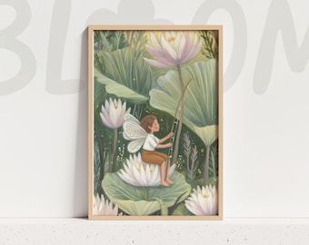 Fairy child fishing lotus pond wall art whimsical storybook nursery print cottagecore kids room illustration botanical nature decor