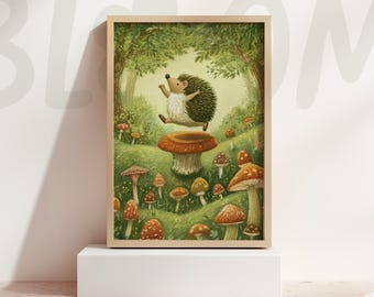 Hedgehog Art Print Woodland Nursery Decor Kids Room Wall Art Mushroom Illustration Forest Animal Whimsical