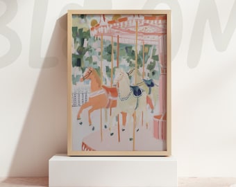 Pastel Carnival Carousel Horses Painting Dreamy Fairground Festival Landscape Whimsical Wall Art Print