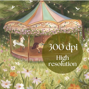 May include: A whimsical illustration of a carousel in a lush, flowery meadow. The carousel has a striped roof and is adorned with floral garlands. Two carousel horses are visible. The image includes the text "300 dpi High resolution".