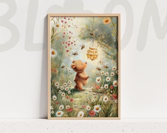 Bear Art Print Woodland Nursery Decor Kids Room Wall Art Beehive Illustration Forest Animal Bees Flowers
