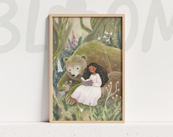 Fairytale wall art bear print reading illustration enchanted forest nursery decor cottagecore kids room