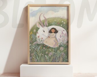 fairytale animal wall art gentle storybook illustration girl in flowers magical nursery bedroom decor pastel print