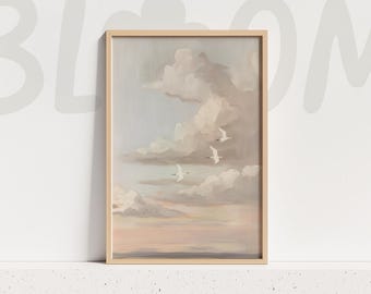 Soft Cloud Sky Textured Painting Art Pastel Birds Minimal Neutral Nursery Decor