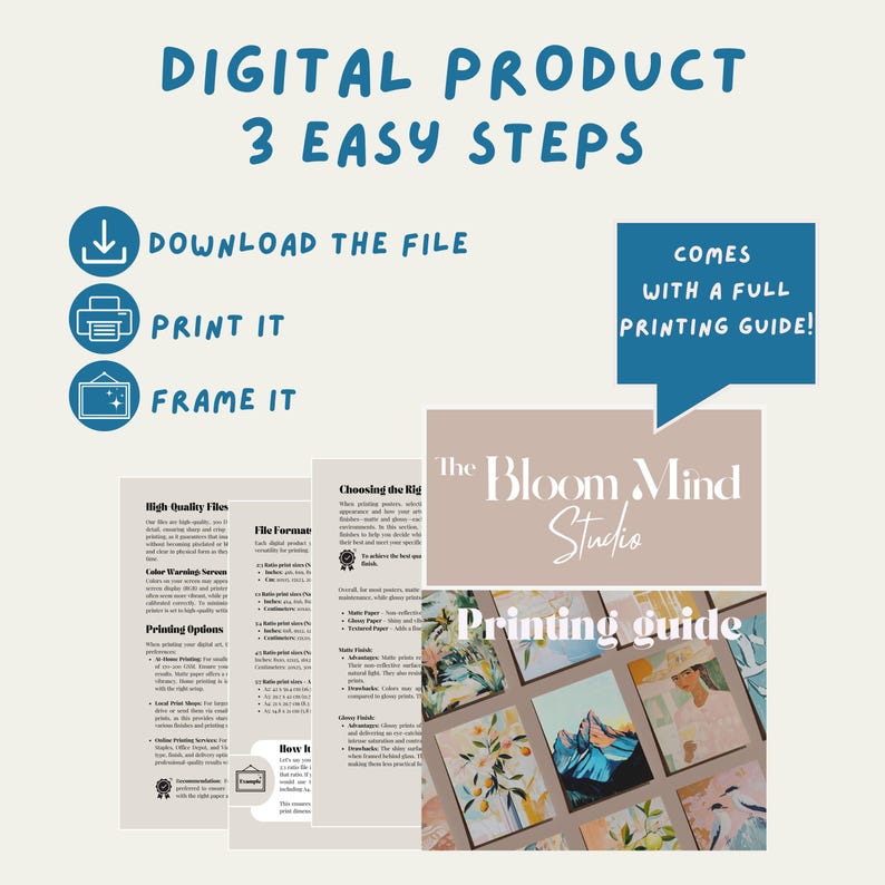 May include: An image promoting a digital product with the text "DIGITAL PRODUCT 3 EASY STEPS". The steps are "DOWNLOAD THE FILE", "PRINT IT", and "FRAME IT". Includes a printing guide from "The Bloom Mind Studio".