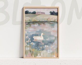 Duck Pond Landscape Wall Art Pastel Countryside Painting Cottage Nature Home Decor