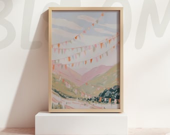 Pastel festival flags landscape wall art soft mountain hills circus decor