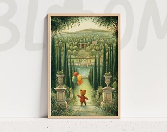 Bear Nursery Art Balloons Garden Print Storybook Illustration Kids Room Vintage Wall Art