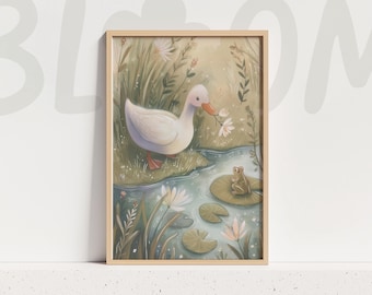Whimsical duck and frog pond wall art soft storybook nursery print gentle cottagecore kids room illustration botanical nature decor pastel