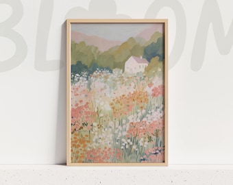 Pastel Cottage Landscape Wall Art Floral Meadow Soft Nursery Countryside Nature Print