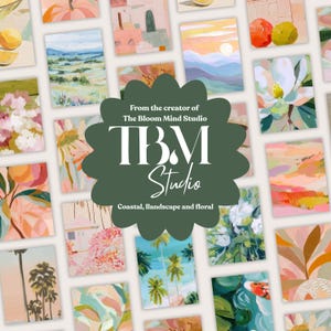 May include: A collection of colorful art prints featuring coastal, landscape, and floral themes. The prints showcase various scenes, including landscapes, flowers, and architectural elements. The image includes the text "From the creator of The Bloom Mind Studio" and "TBM Studio".