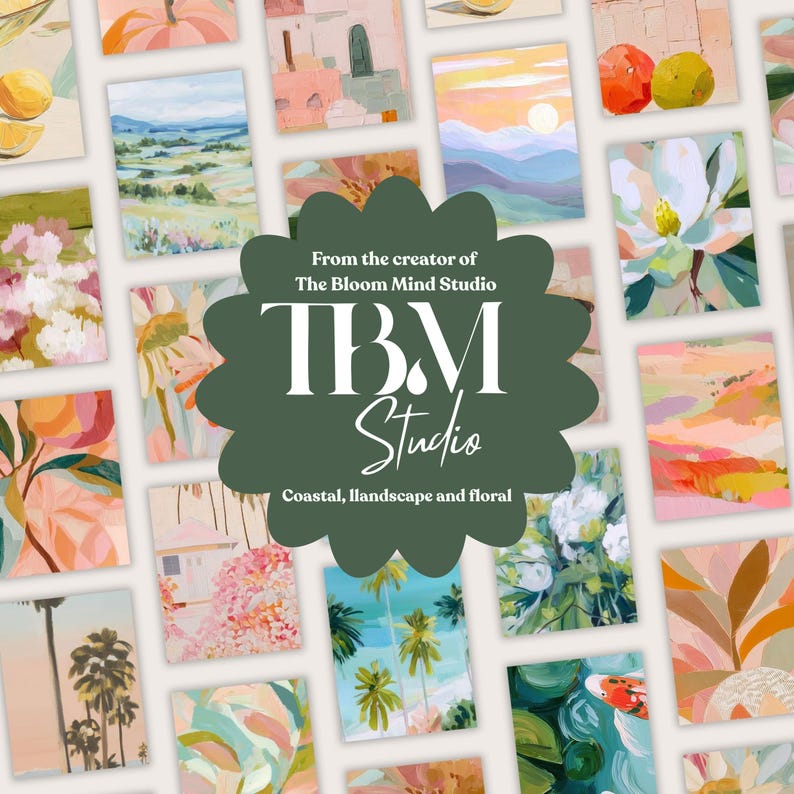 May include: A collection of colorful art prints featuring coastal, landscape, and floral themes. The prints showcase various scenes, including landscapes, flowers, and architectural elements. The image includes the text "From the creator of The Bloom Mind Studio" and "TBM Studio".