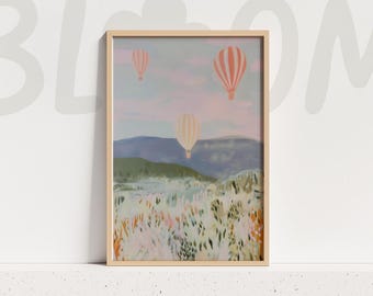 Hot Air Balloon Landscape Wall Art Pastel Sky Painting Dreamy Nature Home Decor Print
