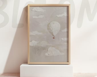Neutral Hot Air Balloon Wall Art Soft Cloud Sky Minimal Nursery Calm Home Decor