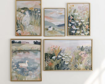 Pastel Meadow Nursery Wall Art Set Five Soft Cottage Landscape Prints Botanical Nursery