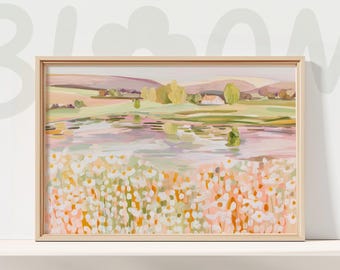 Dreamy Floral Lakeside Art Print Pastel Fields Water Reflection Gentle Landscape Scene