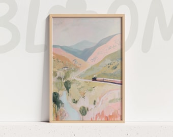 Pastel mountain train landscape wall art scenic railway painting soft countryside travel decor