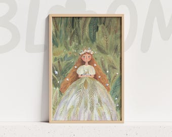 Whimsical Princess Art Print Fairytale Nursery Wall Decor Woodland Cottagecore Illustration Green Dress
