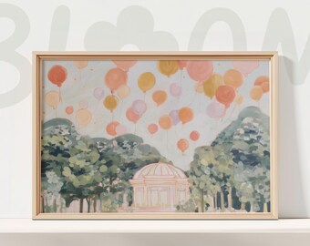 Pastel Balloon Landscape Painting Dreamy Garden Pavilion Soft Whimsical Wall Art Print