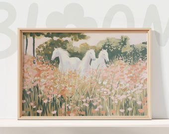 Pastel Meadow Horses Wall Art Soft Spring Landscape Floral Painting Print Decor