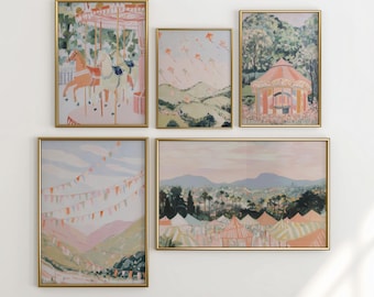 Pastel fairground kids wall art bundle five whimsical carnival landscape paintings