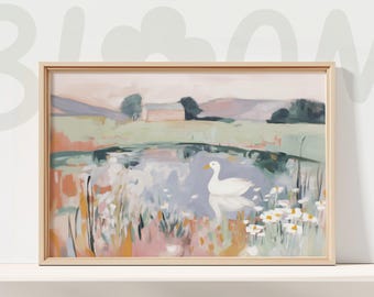 pastel countryside goose pond artwork serene landscape nursery decor calming nature wall illustration