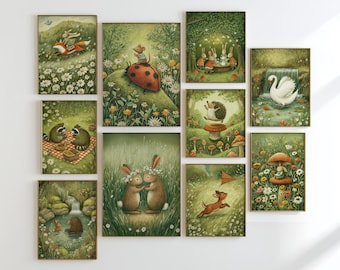 Whimsical Woodland Animal Wall Art Storybook Forest Nursery Cottage Meadow Illustration Bundle