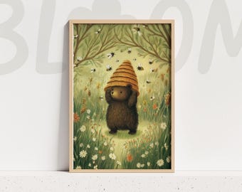 Bear Art Print Woodland Nursery Decor Kids Room Wall Art Beehive Illustration Forest Animal Honey Bees