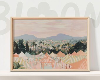 Pastel Carnival Landscape Painting Soft Color Fair Tents Hillside Dreamy Wall Art