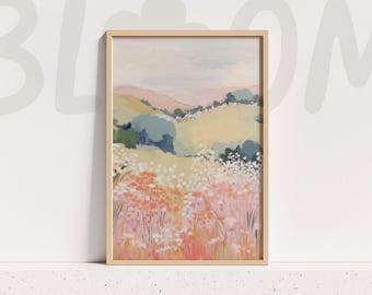 Pastel Floral Landscape Painting Wall Art Tall Meadow Hills Soft Nature Decor Print
