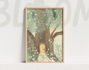 Whimsical Tree House Art Print Storybook Forest Nursery Wall Decor Magical Cottagecore Illustration
