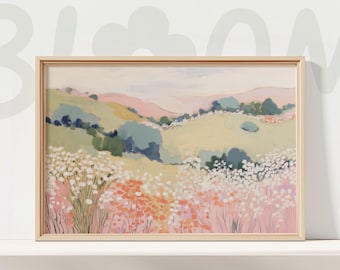 Pastel Wildflower Landscape Wall Art Rolling Hills Floral Meadow Soft Spring Nature Print