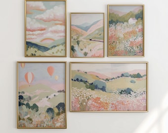 Pastel landscape nursery wall art bundle five soft countryside paintings floral hills sky