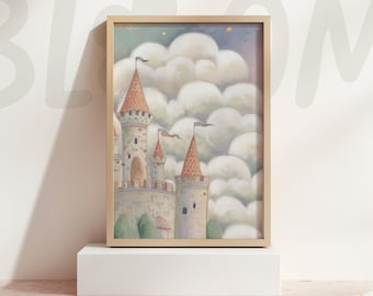 Castle Illustration Cloud Kingdom Dreamy Sky Gentle Storybook Calm Modern Wall Art