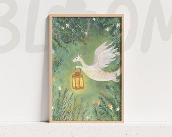 Whimsical Dragon Art Print Storybook Forest Nursery Wall Decor Pastel Cottagecore Illustration