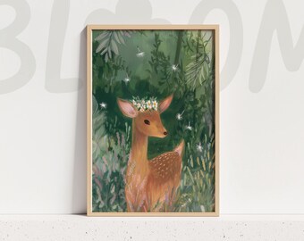 Woodland fawn nursery wall art storybook forest animals print whimsical deer illustration kids room