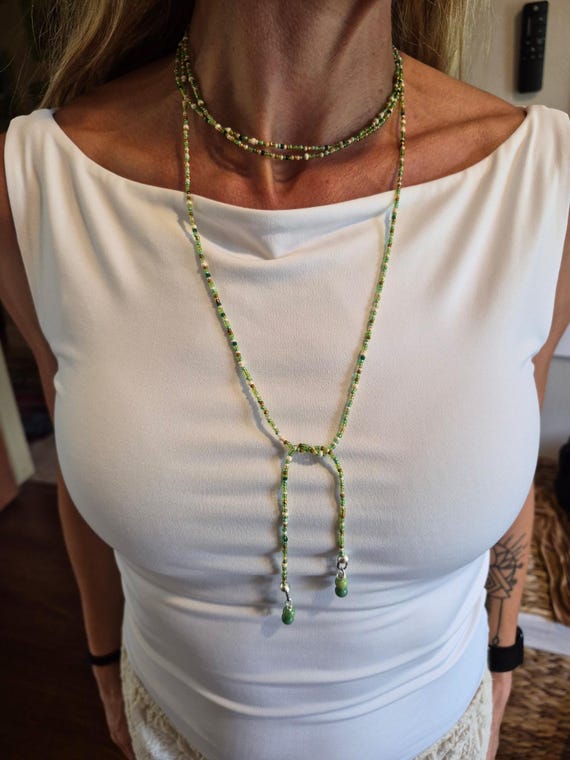 Handmade Seed Bead Lariat Necklace | 5 Ft Wrap, Layering Boho Jewelry