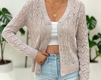 Lightweight Knit Lace Cardigan for Women Openwork Long Sleeve Button Front Sweater Top Spring Summer Outfit