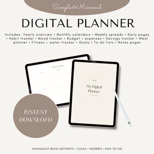 Peut inclure: Un agenda numérique affiché sur deux écrans de tablette avec un stylet blanc. Le texte indique Simple & Minimal DIGITAL PLANNER, 2026 My Digital Planner, et liste des fonctionnalités comme le suivi d'habitudes et le budget. Badge INSTANT DOWNLOAD inclus.