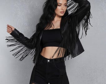 Black Fringe Faux Leather Biker Jacket Women | Cropped Moto Jacket with Tassels
