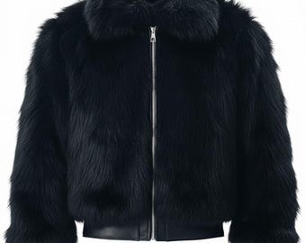 Black Fox Fur Bomber Jacket | Men's Leather Trim Winter Coat