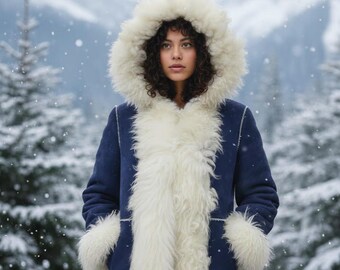 Puede incluir: Un abrigo largo azul marino con capucha y ribete blancos y esponjosos. El abrigo presenta puños blancos y un forro completo blanco similar a la piel. La mujer de la imagen está de pie en un entorno montañoso y nevado, usando el abrigo.