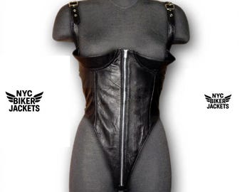 Handmade Sheepskin Leather Corset Bodysuit | Zipper Front, Adjustable Straps