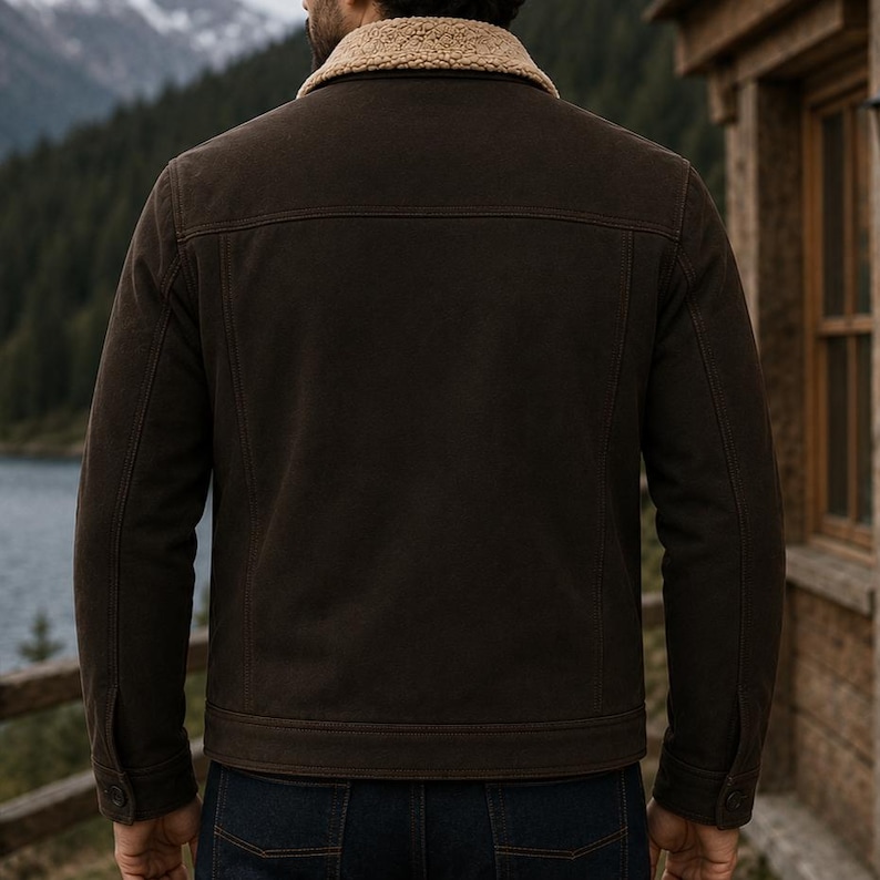 Puede incluir: Chaqueta marr&oacute;n oscuro con cuello de borrego beige. La chaqueta tiene pu&ntilde;os abotonados y cierre de botones. La persona lleva vaqueros azul oscuro. El fondo incluye un lago, monta&ntilde;as y un edificio de madera.