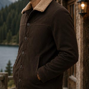 Puede incluir: Chaqueta marr&oacute;n oscuro con cuello de borreguillo beige. La chaqueta tiene cierre de botones, dos bolsillos delanteros y un dise&ntilde;o cl&aacute;sico. Fabricada con material duradero, ideal para climas fr&iacute;os. Prenda exterior vers&aacute;til.