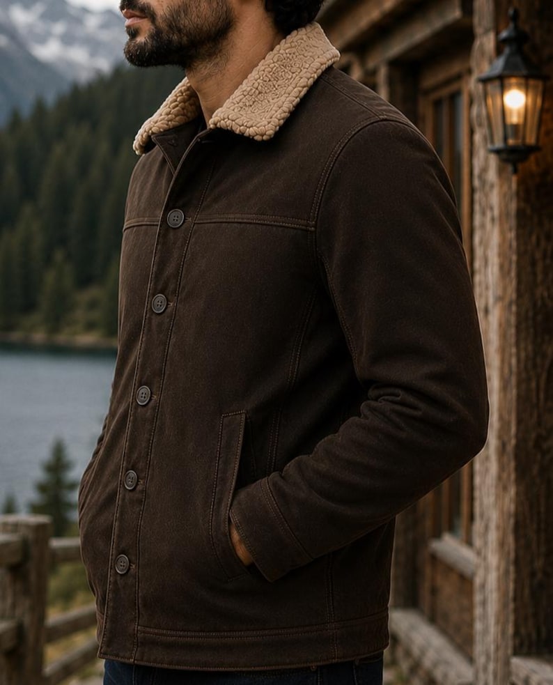 Puede incluir: Chaqueta marr&oacute;n oscuro con cuello de borreguillo beige. La chaqueta tiene cierre de botones, dos bolsillos delanteros y un dise&ntilde;o cl&aacute;sico. Fabricada con material duradero, ideal para climas fr&iacute;os. Prenda exterior vers&aacute;til.