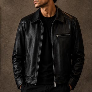 以下が含まれることがあります： 黒い革のジャケット。ジッパー開閉、小さな胸ポケット、襟付き。 ジャケットはクラシックなデザインで、質感のある外観です。 袖は長く、ジャケットは体にフィットしているように見えます。