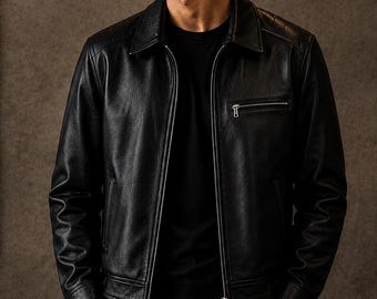 Chaqueta de cuero genuino negra para hombre / Chaqueta con cuello camisero y cremallera / Chaqueta ajustada estilo streetwear motero Regalo para él